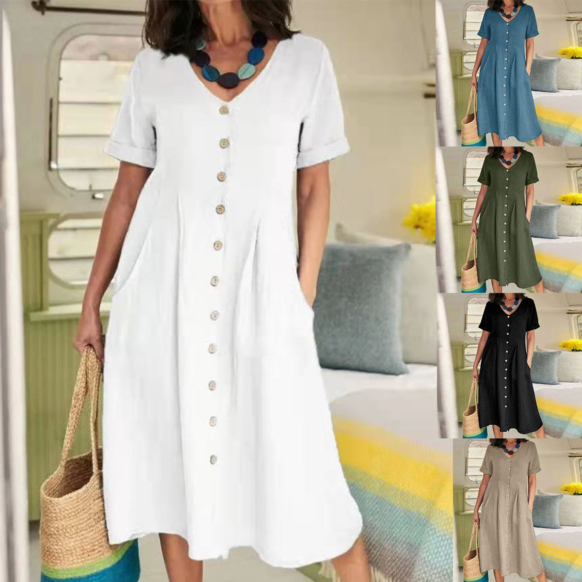 Robe midi taille haute en coton et lin, couleurs unies