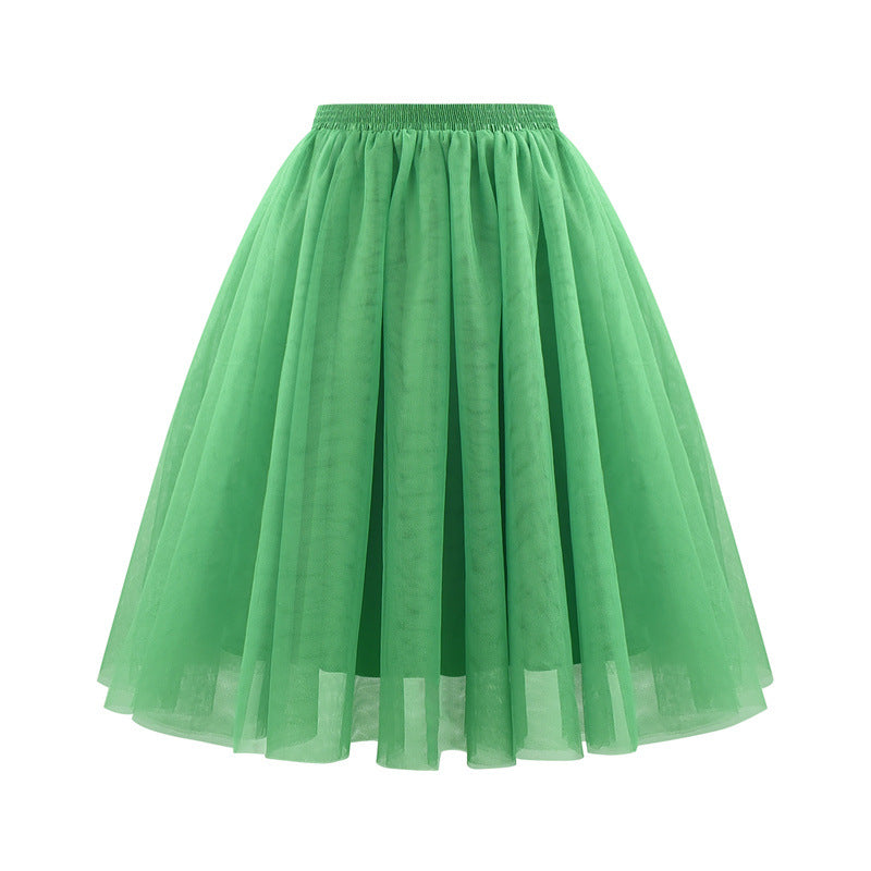 Women Fashion Elegant Solid Color High Waist Pleated Mesh Skirt