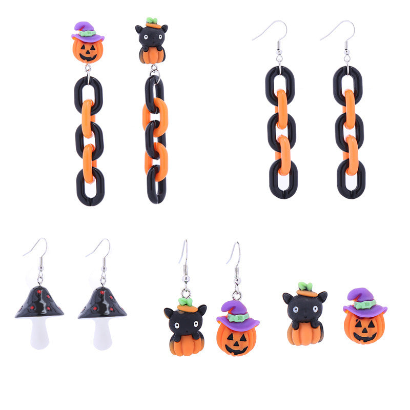 Pendientes de gato negro con cadena de calabaza, creativos y divertidos de Halloween para mujer