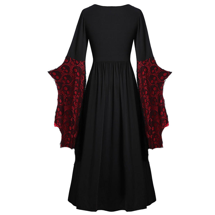 Plus Size Gothic Skull Lace Dress With Lotus Sleeves