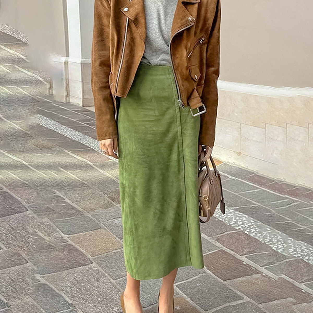 Falda midi de ante de color liso informal de moda para mujer