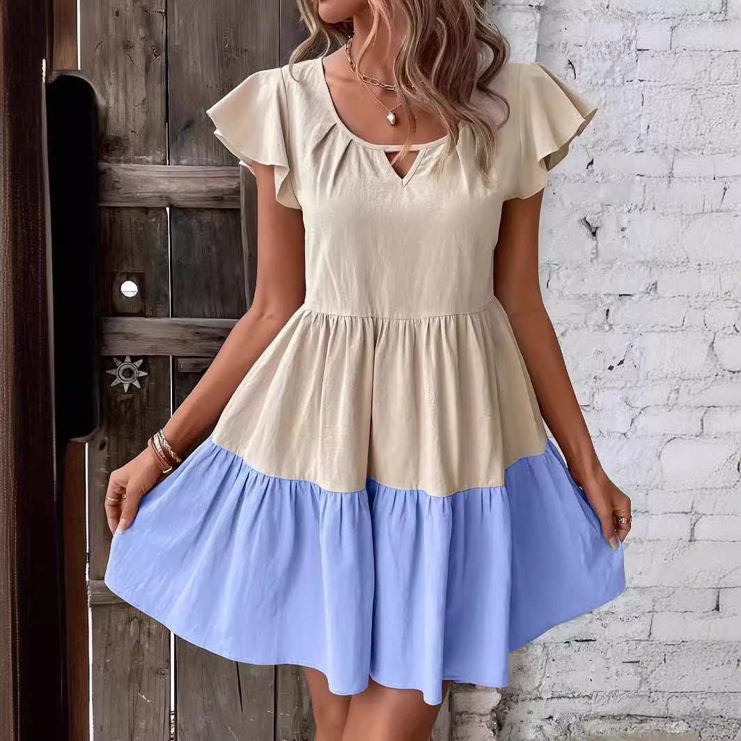 Robe décontractée en coton et lin à col en V pour femme
