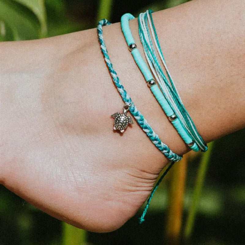 Conjunto de tobillera con colgante de tortuga con cuentas verdes bohemias