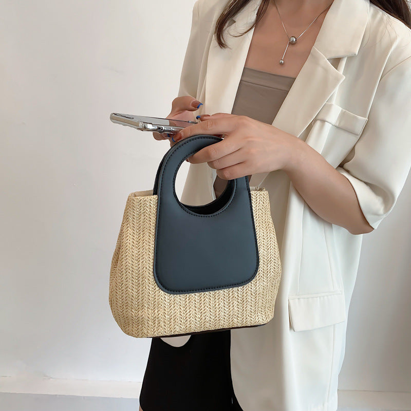Women Casual Straw Woven Handbag with Contrast Color Stitching
