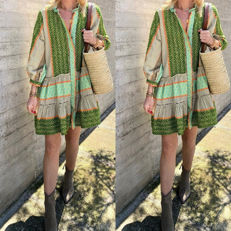 Vestido vintage bohemio de algodón y lino con estampado geométrico para mujer, manga larga