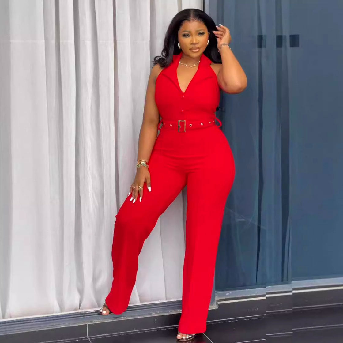Women Fashion V-Neck Backless Wide-Leg Jumpsuit in Solid Color