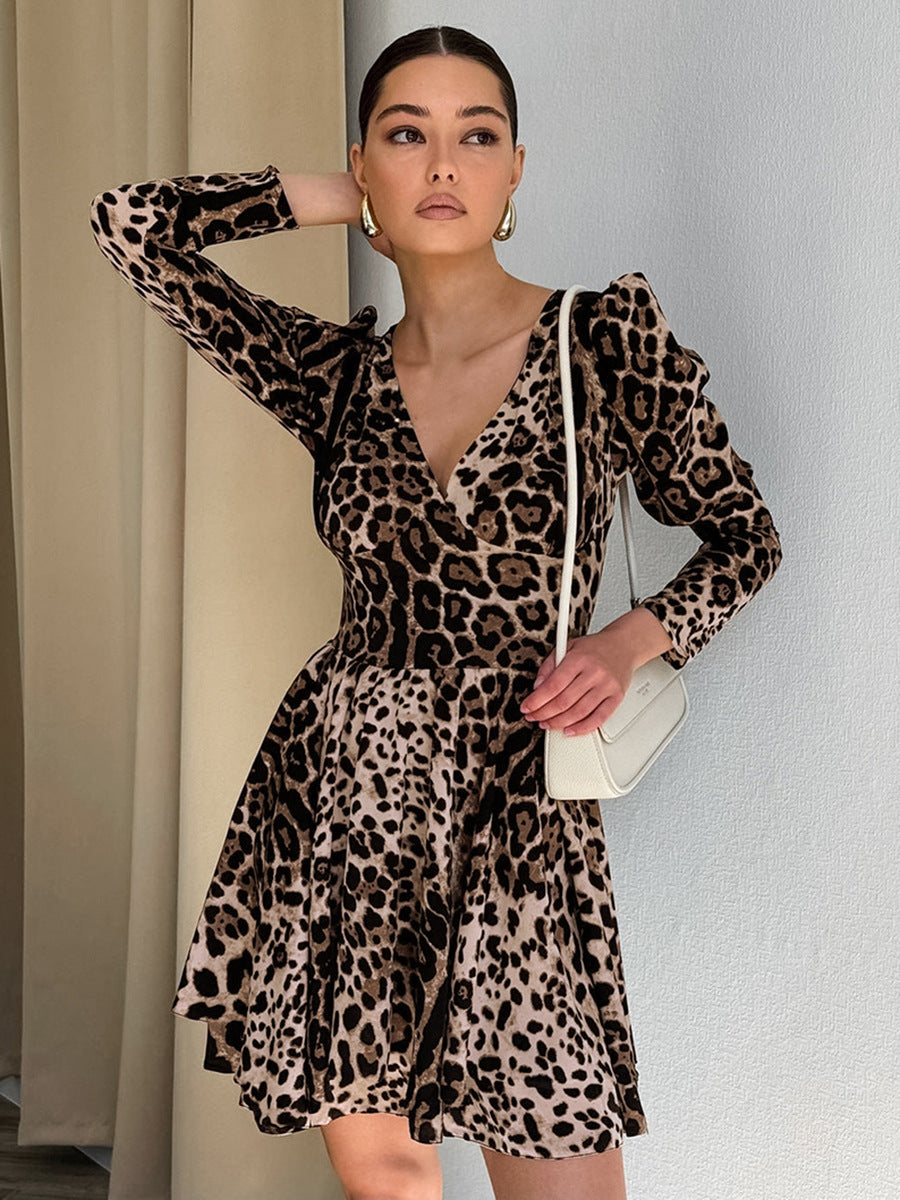 Vestido de manga larga con estampado de leopardo para mujer