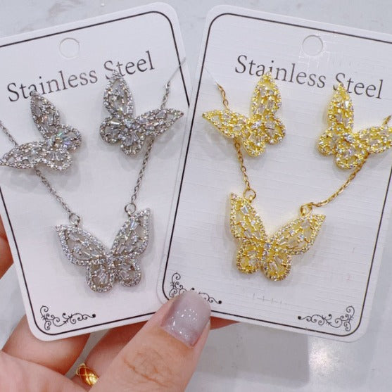 Women Fashion Zircon Necklace Earrings Set