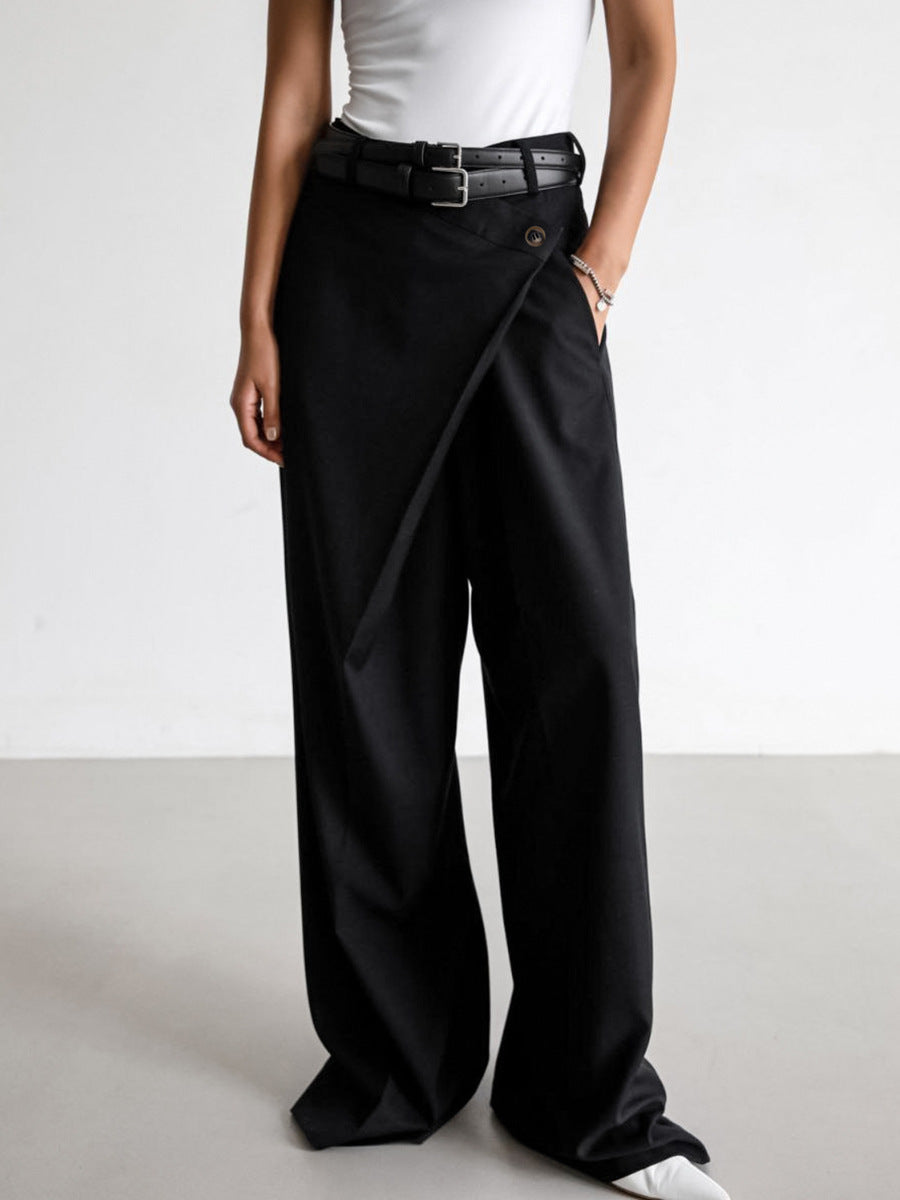 Pantalones casuales de cintura alta y pierna ancha para mujer en poliéster