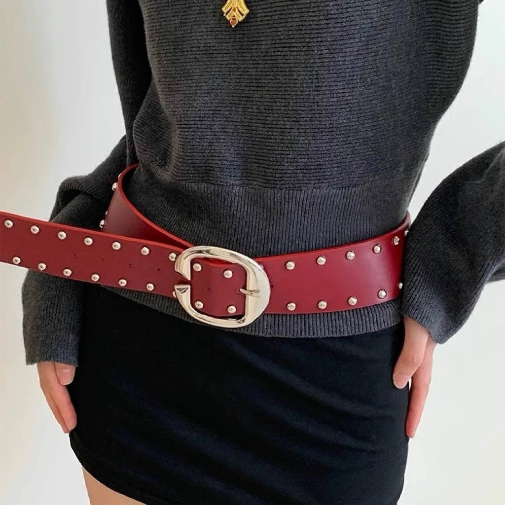 Ceinture à rivets en cuir PU pour femme, couleur unie, style décontracté