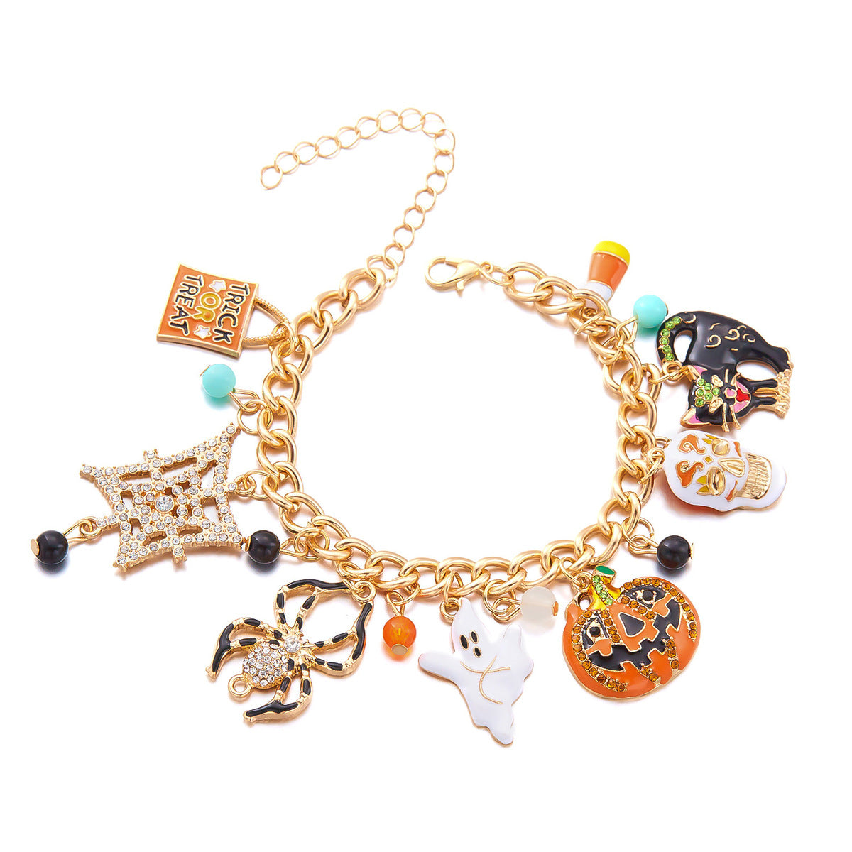 Pulsera navideña con colgante de araña fantasma, calavera y calabaza de Halloween