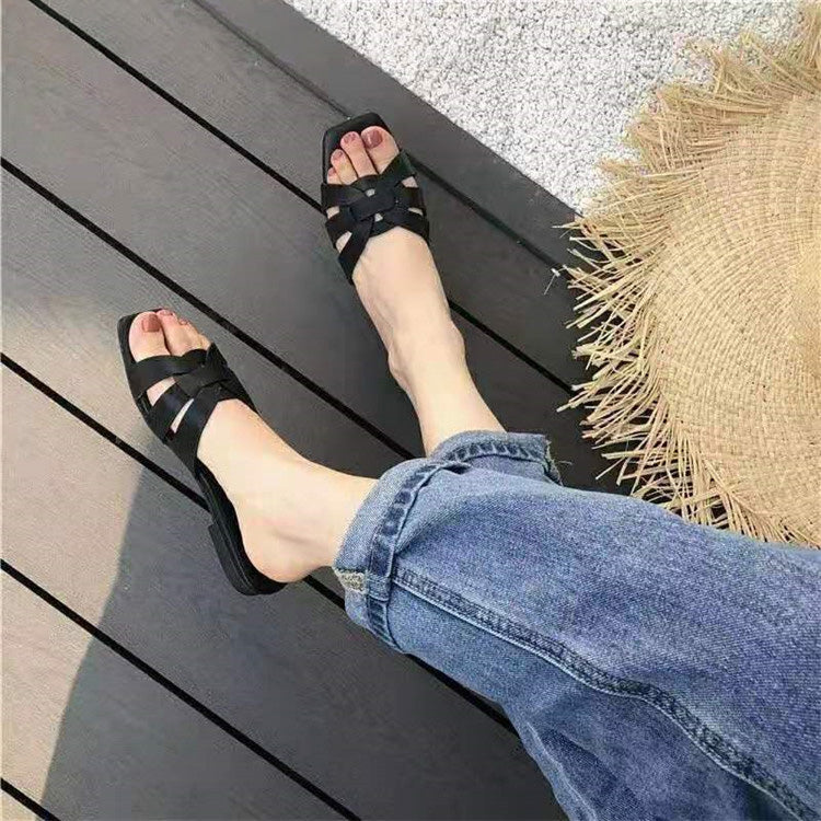 Women Casual Solid Color Square-Toe Flat Slippers