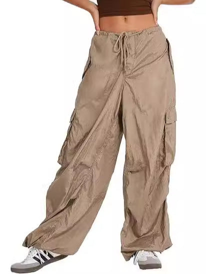 Pantalones casuales de color sólido con bolsillos y cordón para mujer