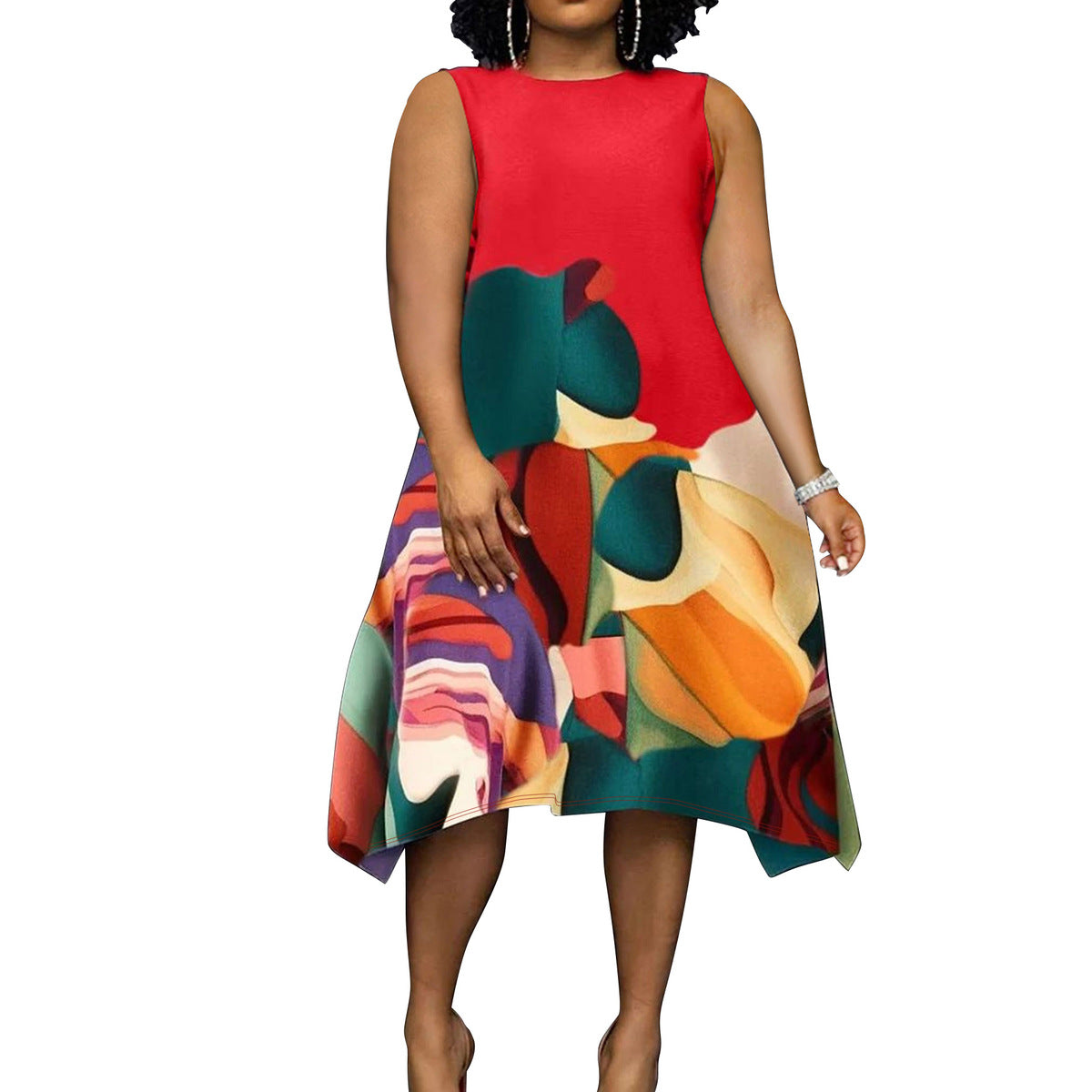Vestido midi informal sin mangas con cuello redondo y estampado de talla grande para mujer