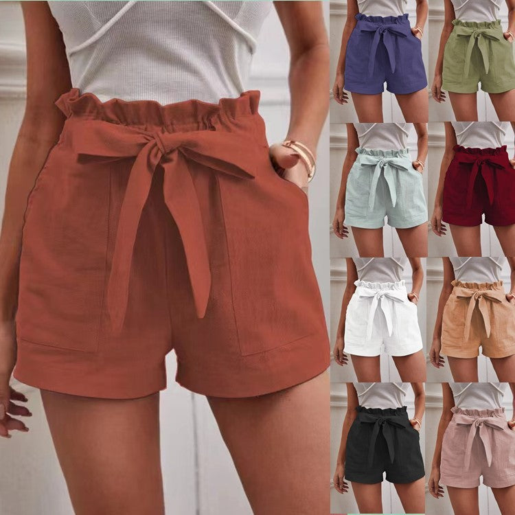 Pantalones cortos casuales de lino sueltos de cintura alta para mujer