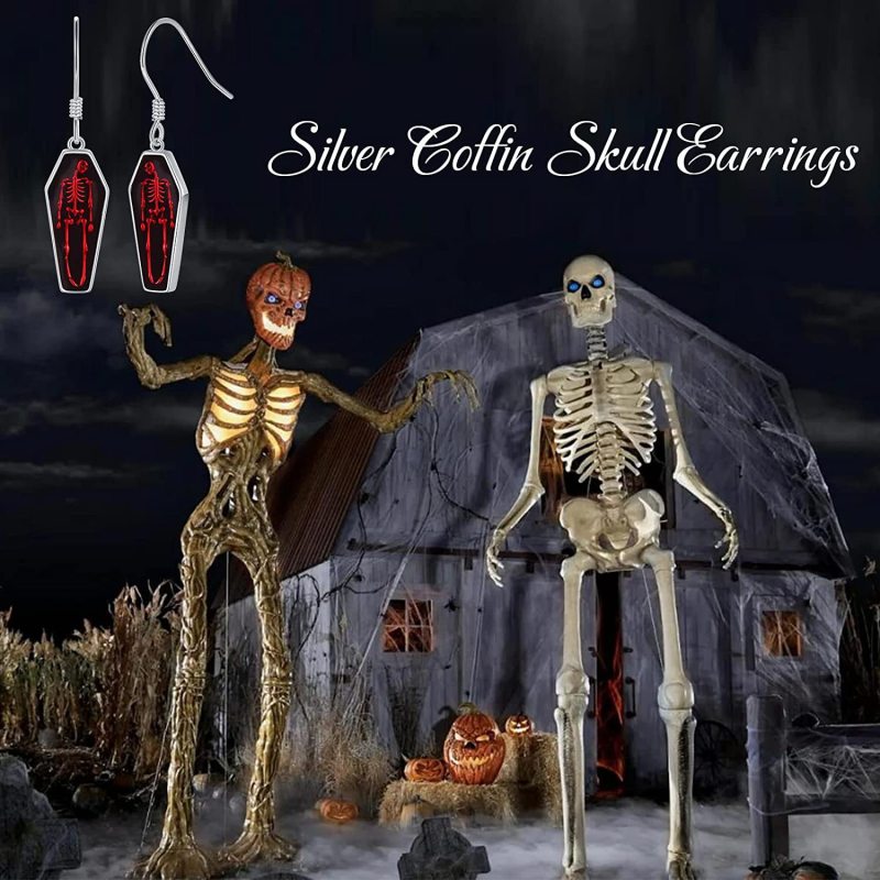 Pendientes de calavera roja con diseño gótico de ataúd para Halloween para mujer