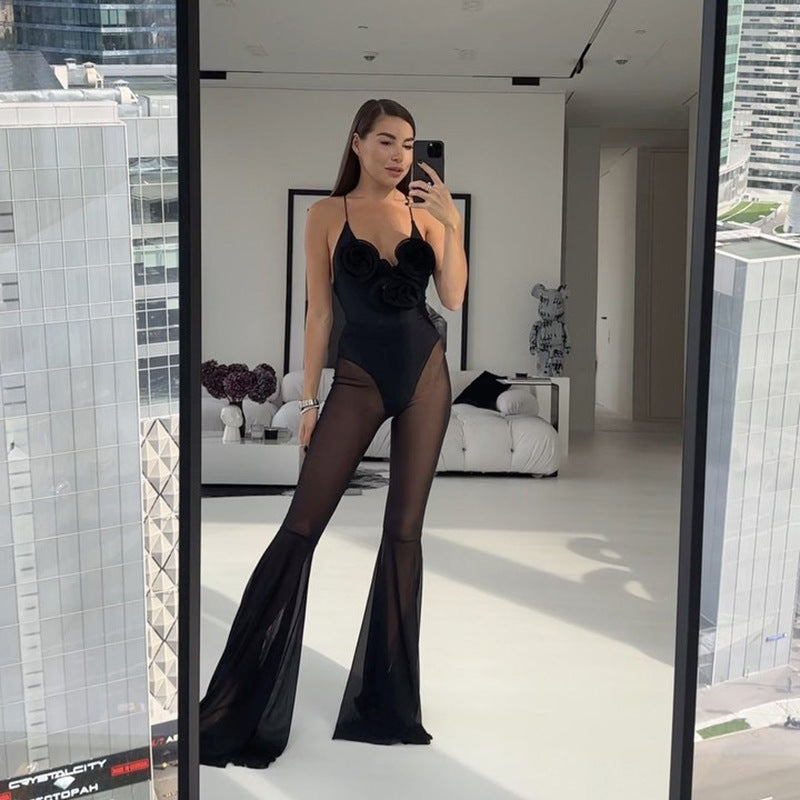 Women Fashion Sexy Mesh Stitching Flared Jumpsuit in Polyester