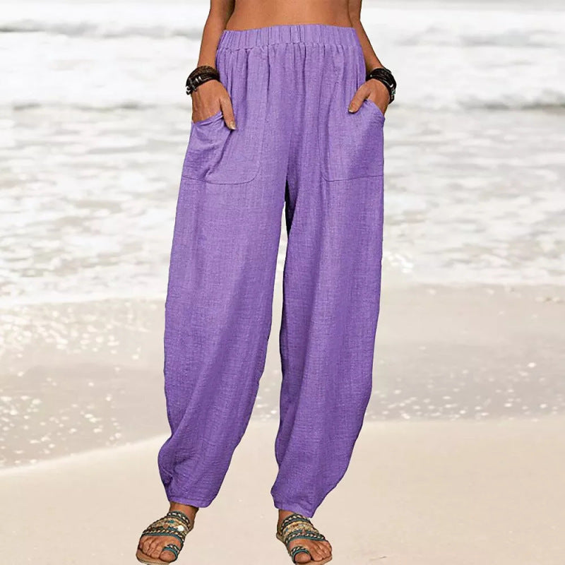 Pantalones harén de lino y algodón informales a la moda para mujer