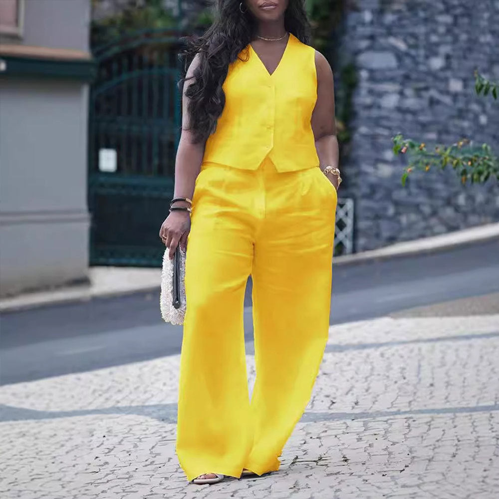 Ensemble débardeur et pantalon décontractés à col en V pour femmes, couleur unie