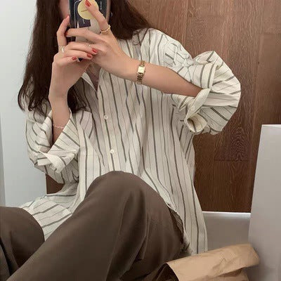 Blusa informal de manga larga con solapa y rayas verticales para mujer