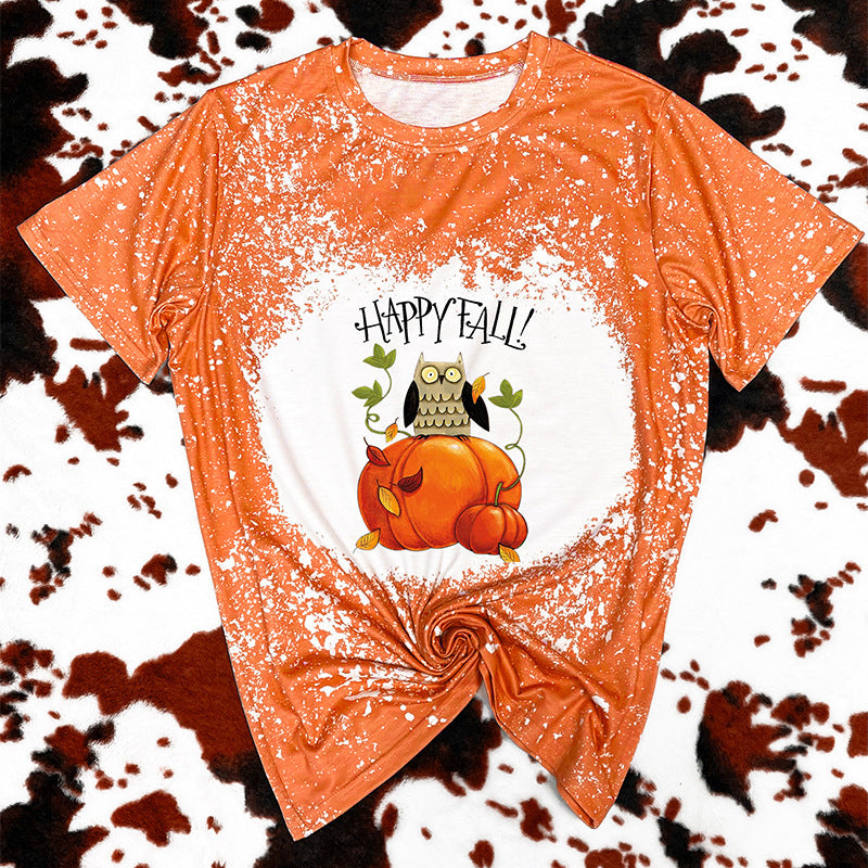 Camiseta de manga corta con estampado naranja de Halloween para mujer