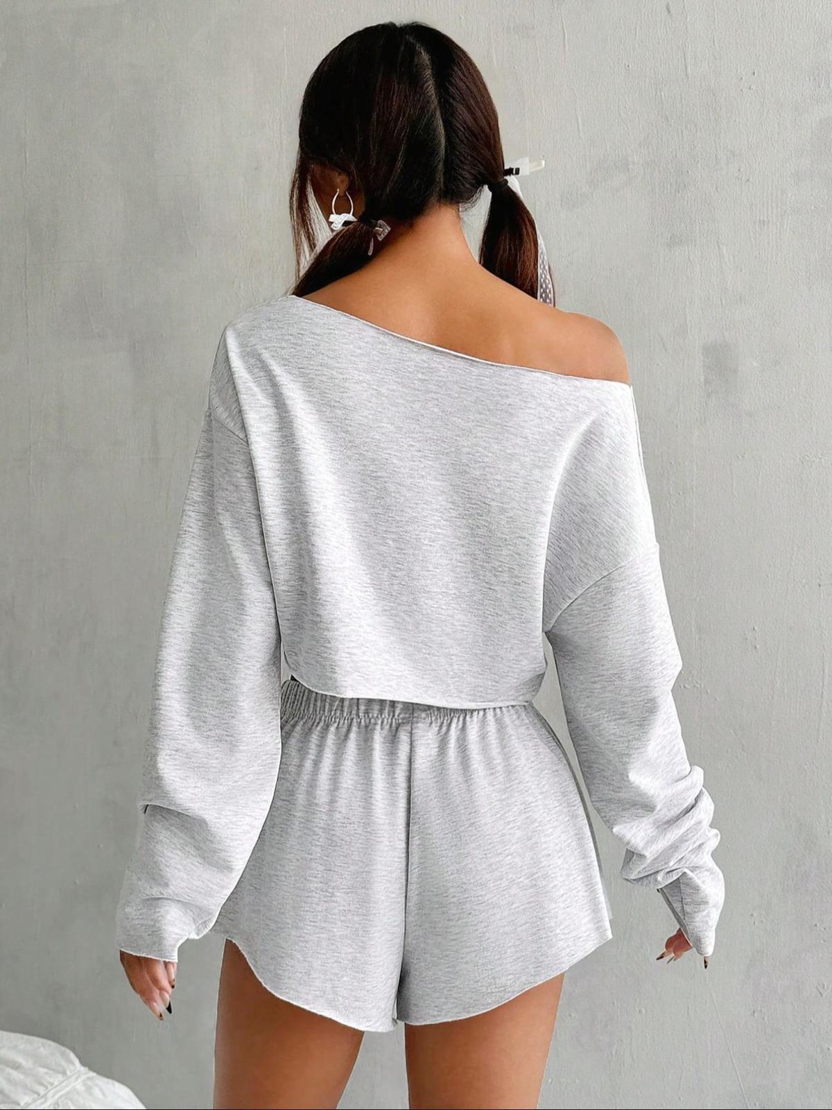 Conjunto informal de dos piezas de algodón con cuello en V y manga larga para mujer
