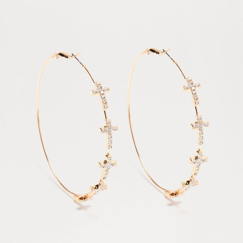Fashion Exaggerated Rhinestone Cross Hoop Earrings with Gold Silver Finish