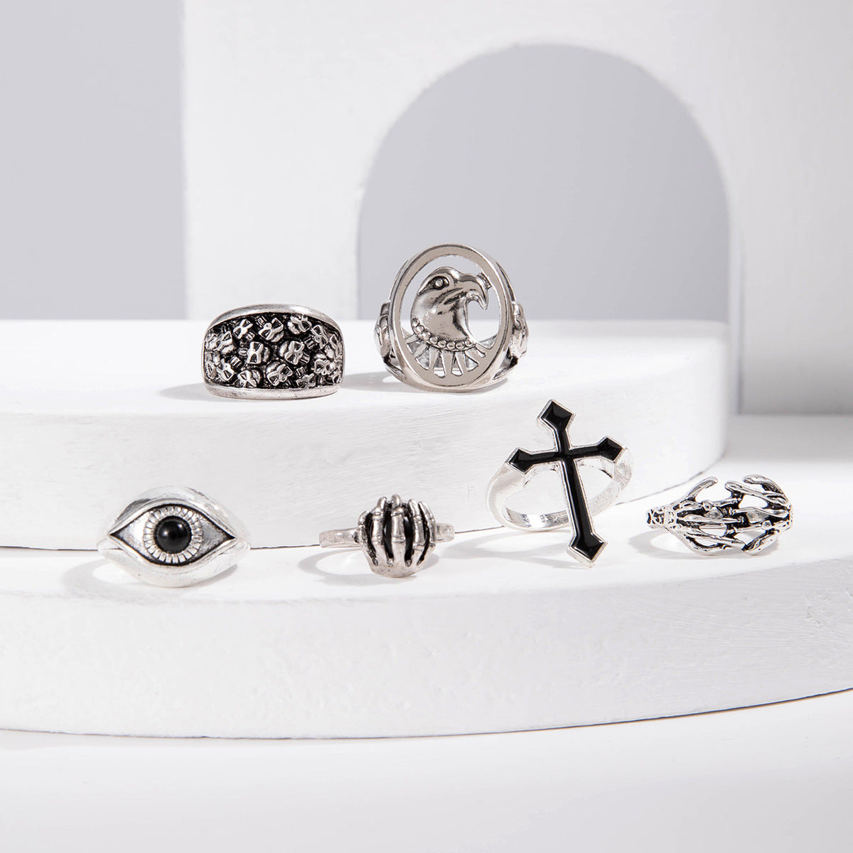 Men Fashion Exaggerated Punk Cross Skull Ring Six-Piece Set