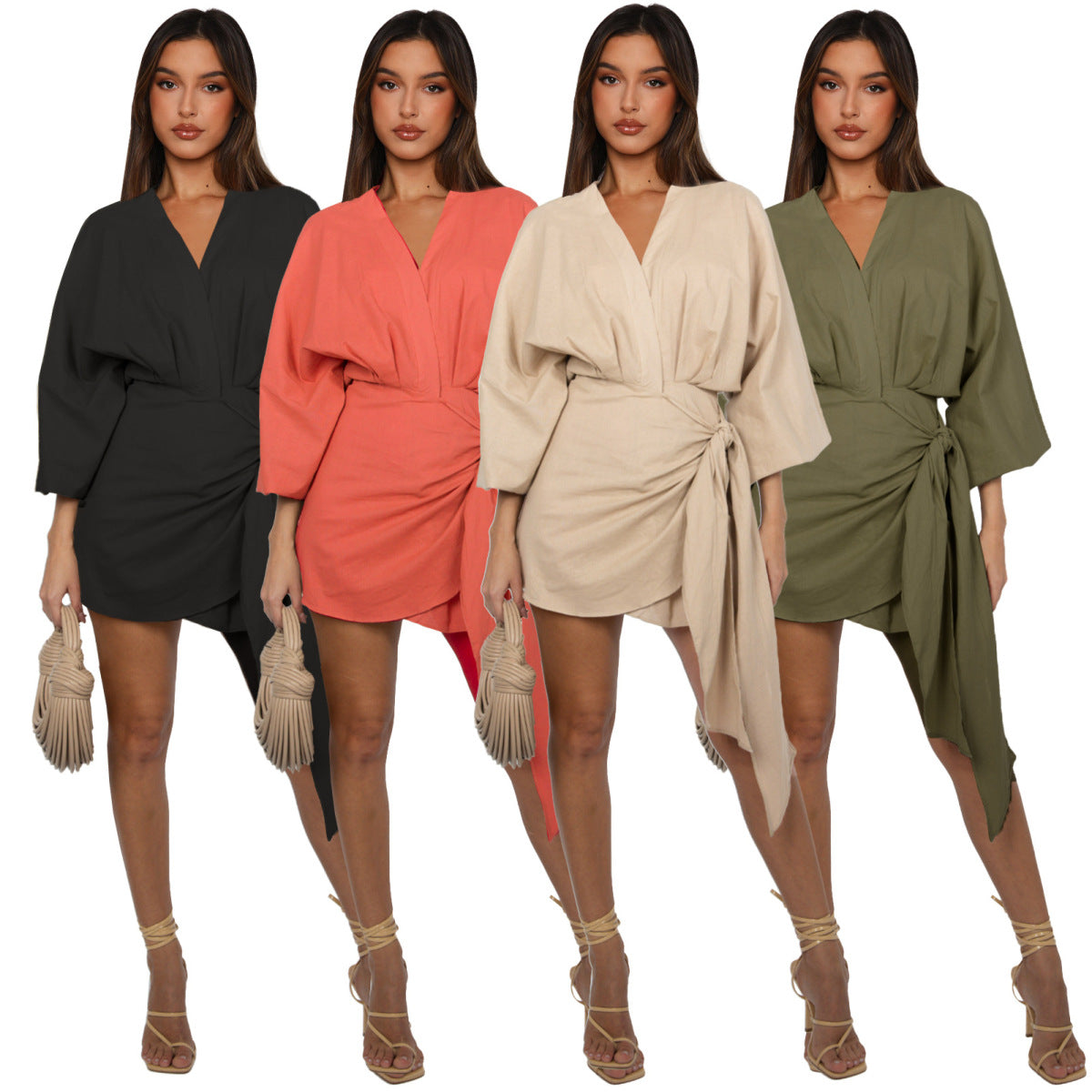 Robe mi-longue en lin à col en V et manches bouffantes pour femme