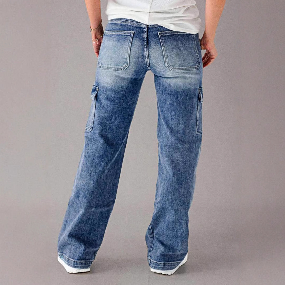 Women Fashion Casual Cargo Jeans with Pockets and Lace-Up Detail