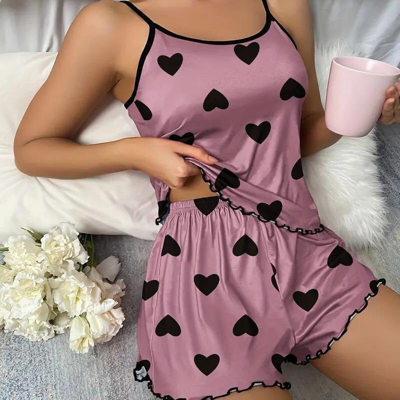 Women Fashion Sexy Love Printed Camisole Pajamas Set