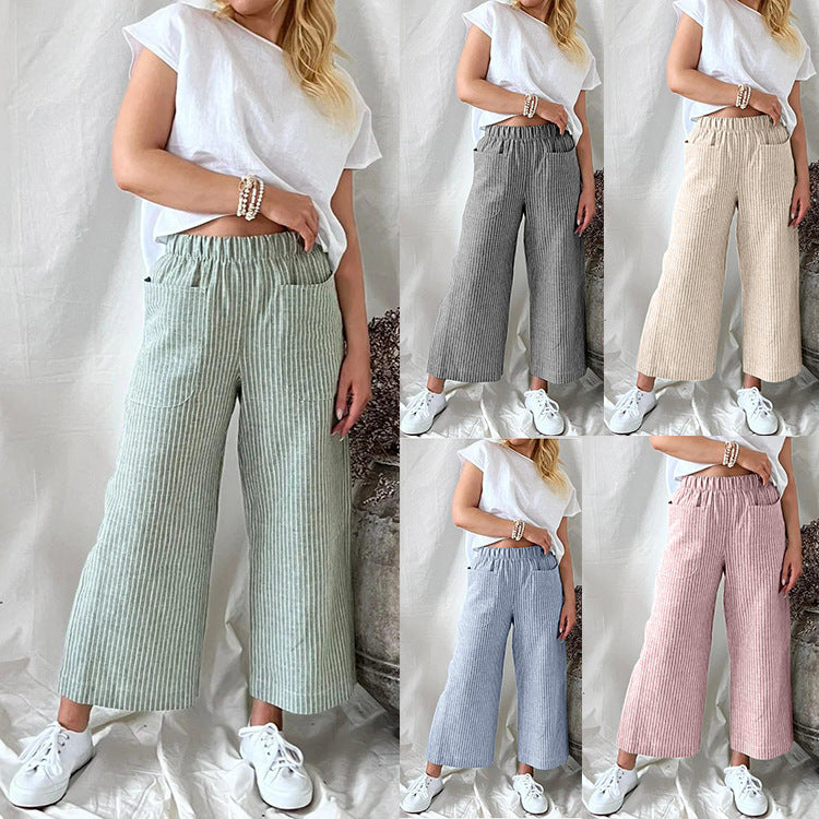 Pantalones casuales de lino y algodón a rayas de pierna ancha para mujer
