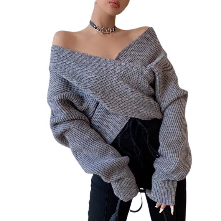 Women Autumn And Winter Cross V-Neck Knitted Sweater