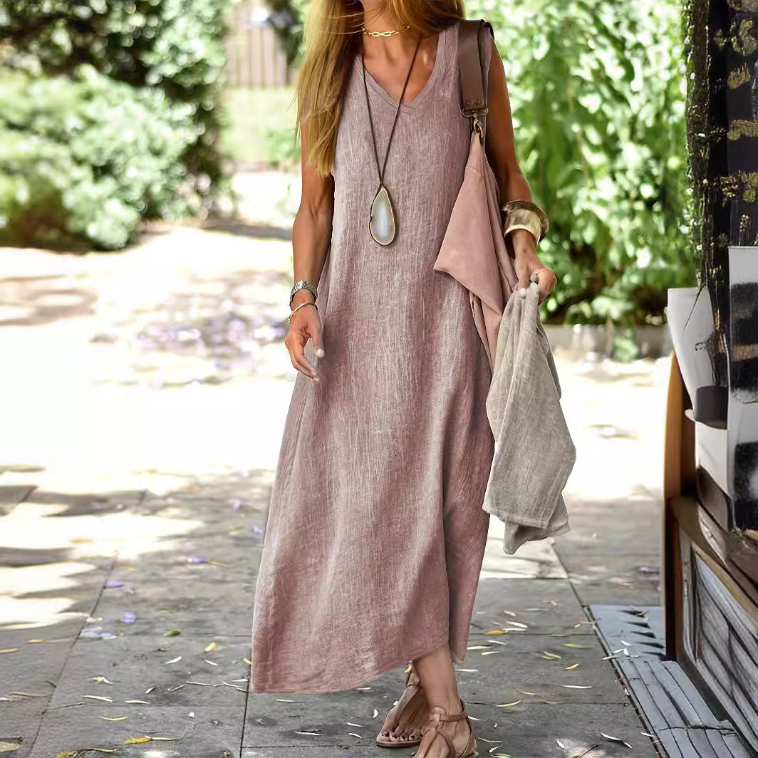 Vestido informal de lino y algodón sin mangas de talla grande para mujer