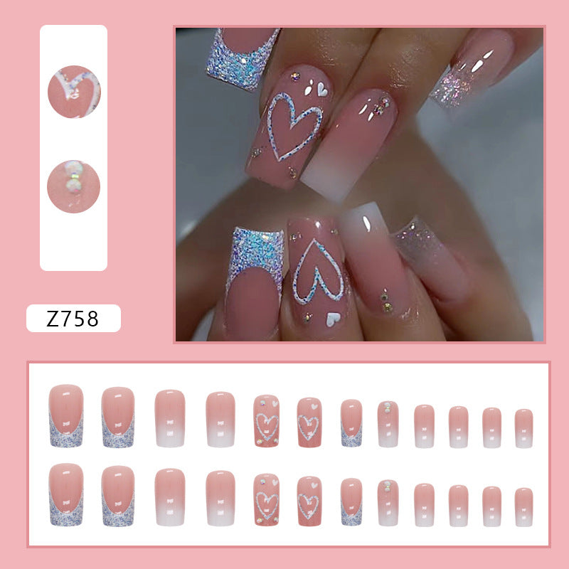 Faux ongles mi-longs carrés et brillants à paillettes, motif cœur blanc dégradé, style French manucure