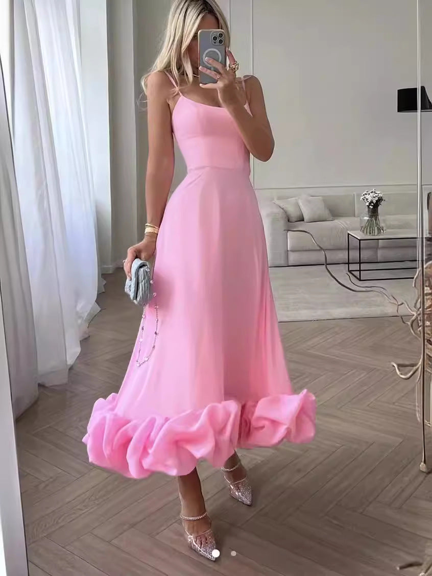 Women Fashion Elegant Solid Color Spaghetti Strap Dress