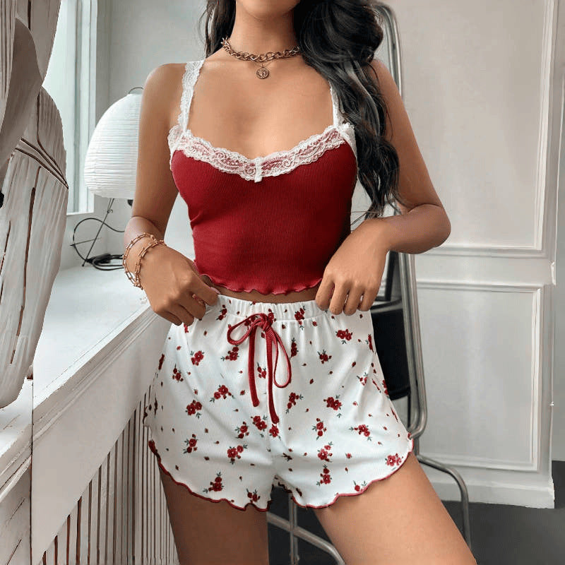 Ensemble pyjama sexy en dentelle pour femme, caraco et short à imprimé floral