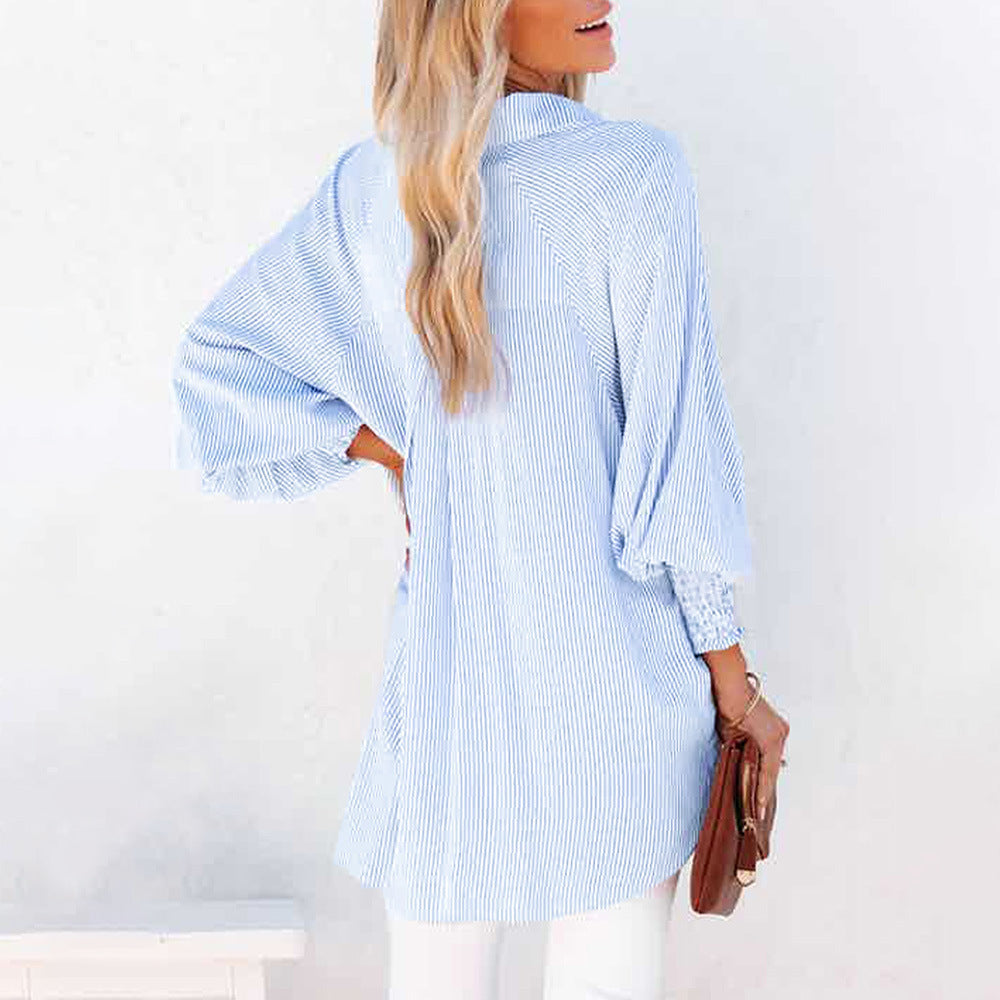 Blusa informal de manga larga con solapa y rayas para mujer