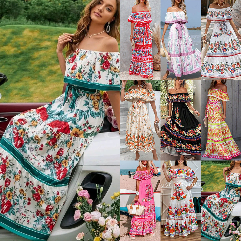 Robe longue d'été sexy style bohème à épaules dénudées et imprimé floral