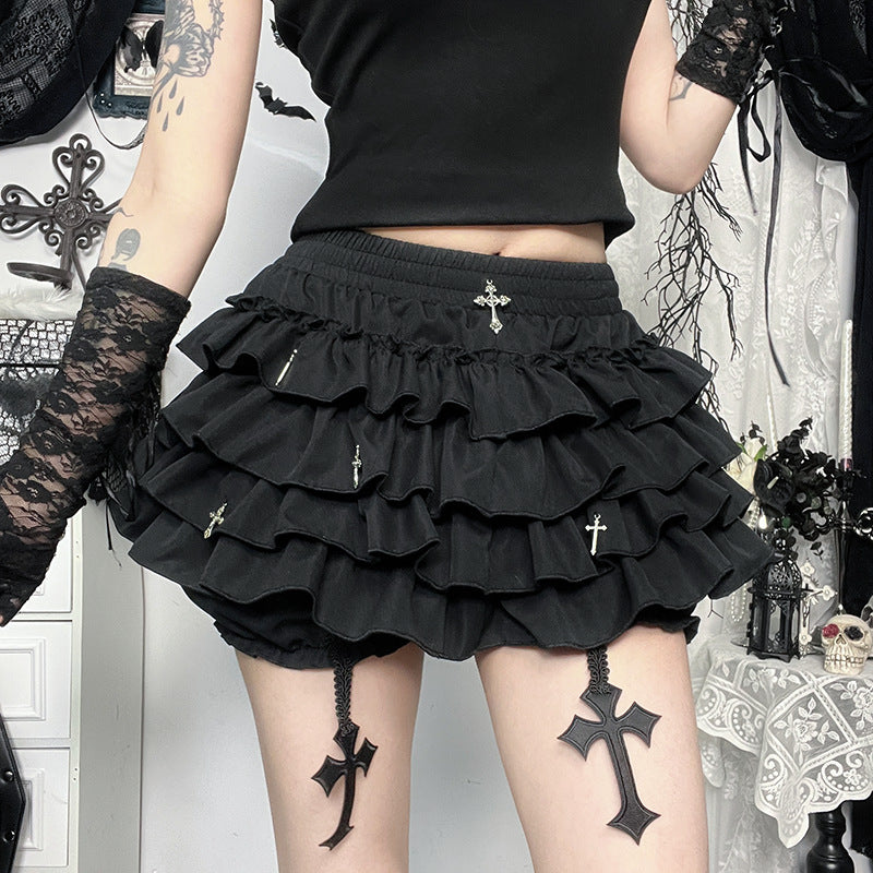 Women Fashion Sexy Gothic Cross Pendant Pleated Culottes