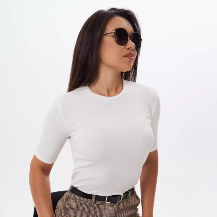 Women Fashion Solid Color Elastic Short Sleeve T-Shirt