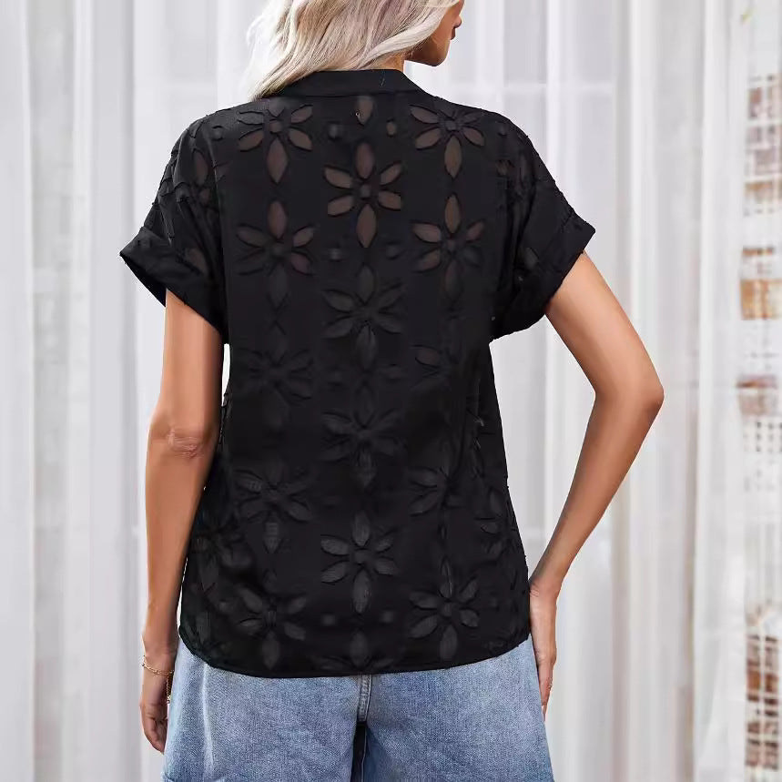 Blusa informal de encaje con escote en V para mujer