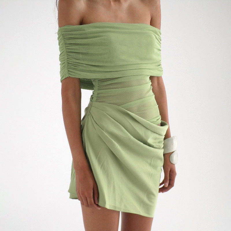 Women Fashion Off-Shoulder Pleated Short Dress