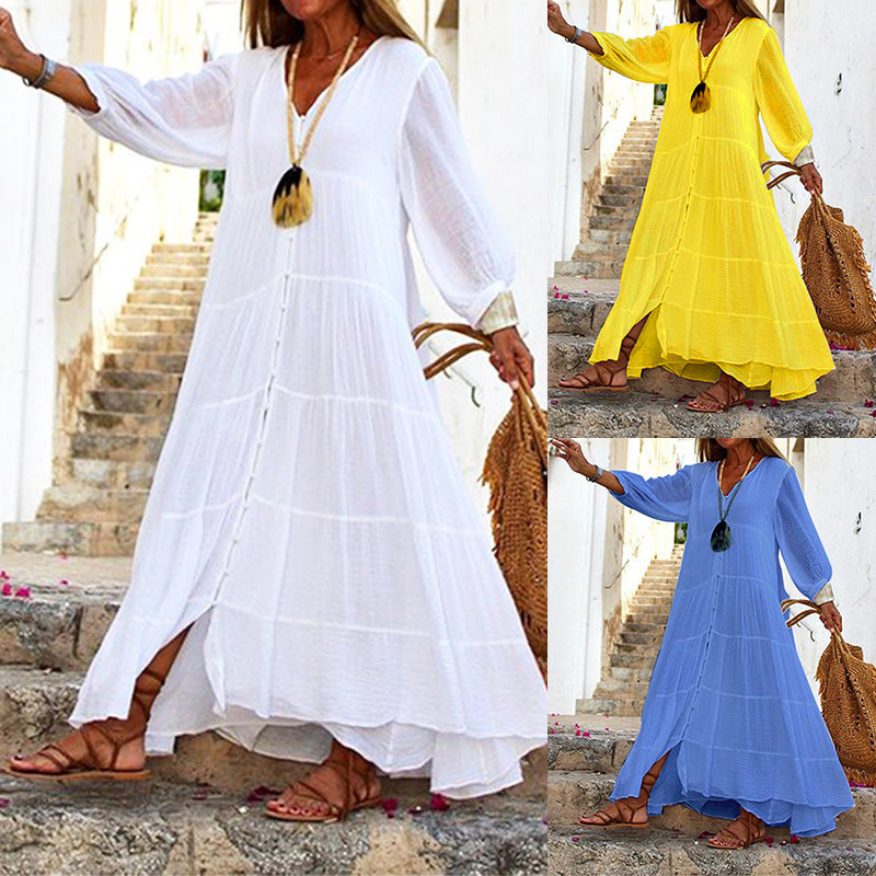 Vestido largo bohemio de verano para mujer, informal, de color liso, con escote en V y manga larga