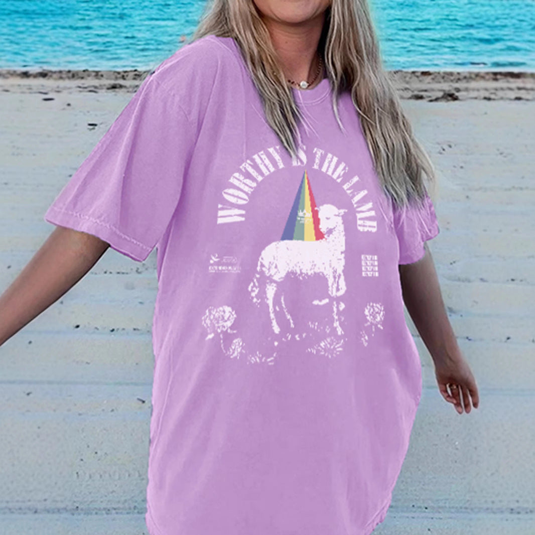 Camiseta informal con cuello redondo y estampado para mujer