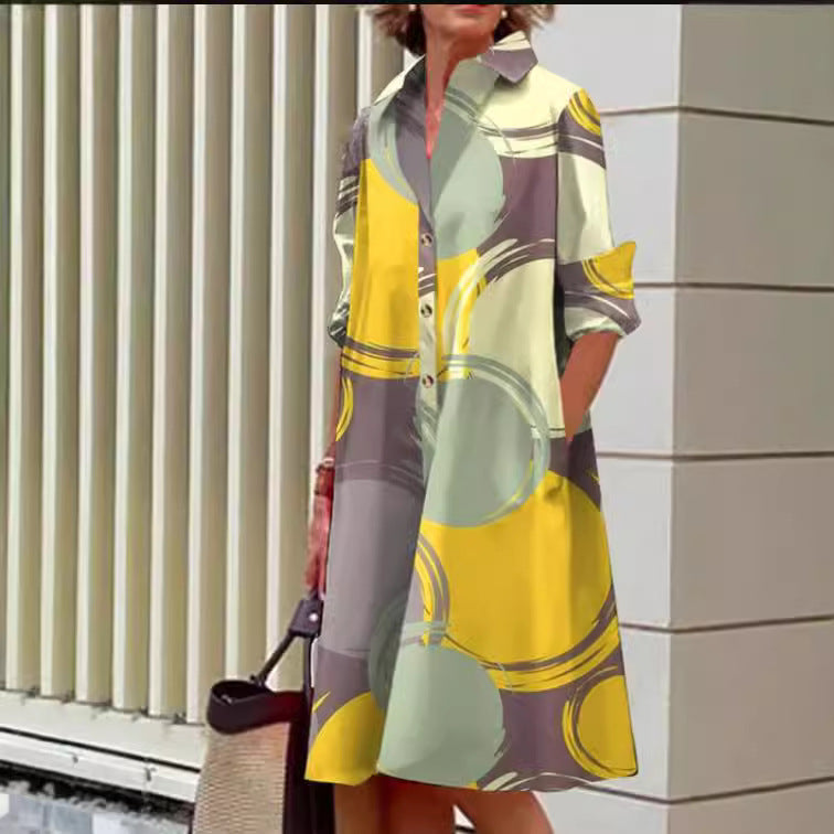 Vestido informal de manga larga con solapa y estampado para mujer