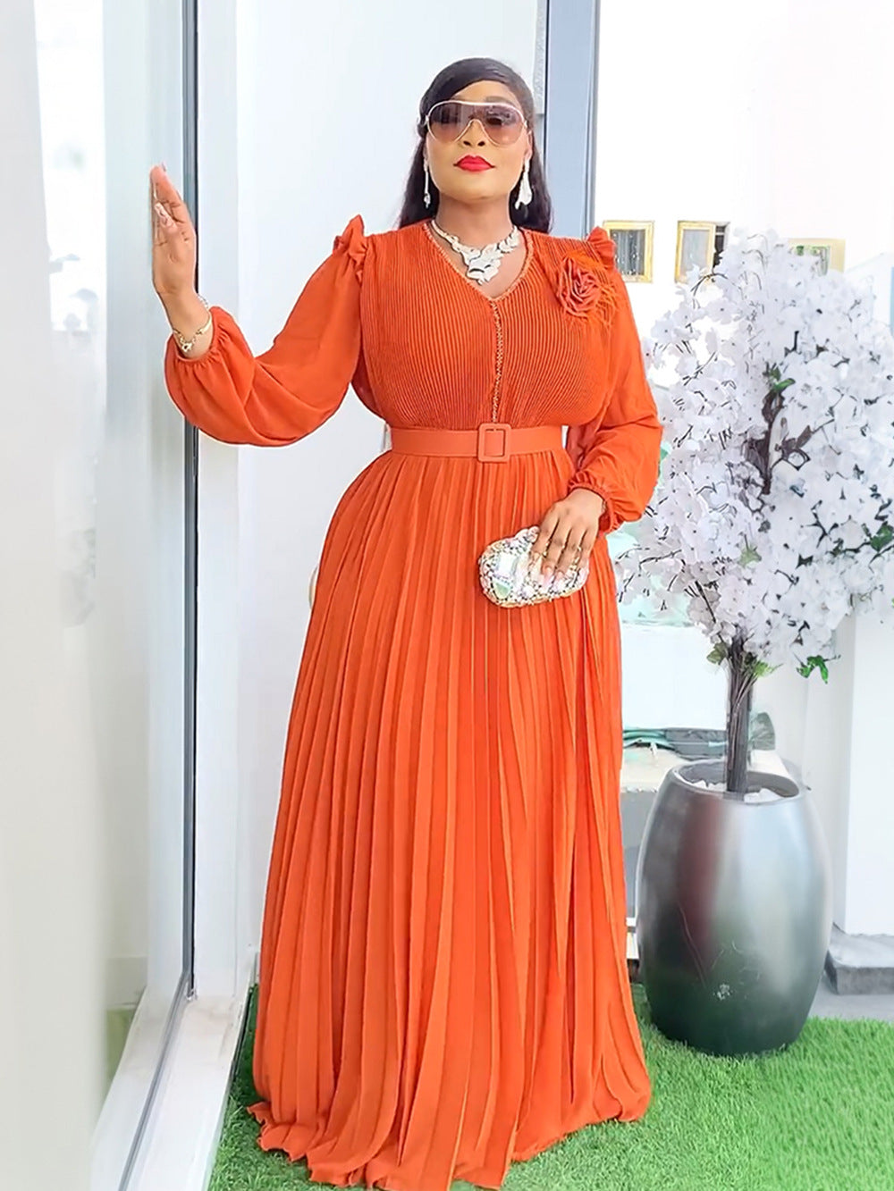 Vestido largo plisado elegante de talla grande para mujer africana