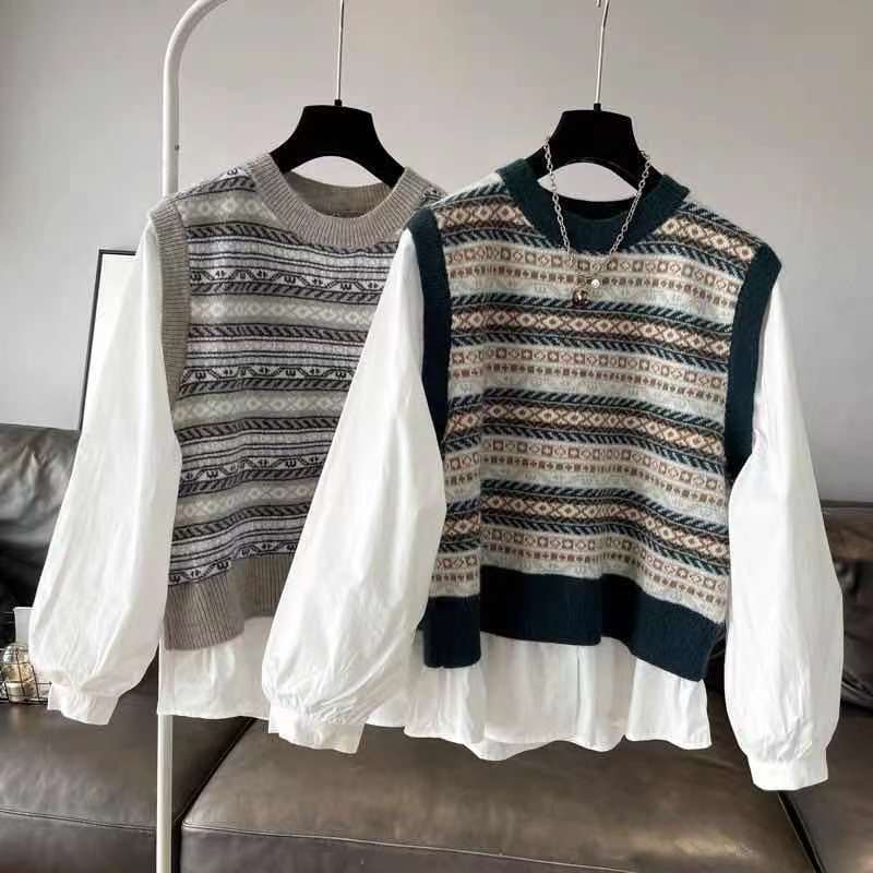 Blusa de dos piezas con costuras falsas informales a la moda para mujer