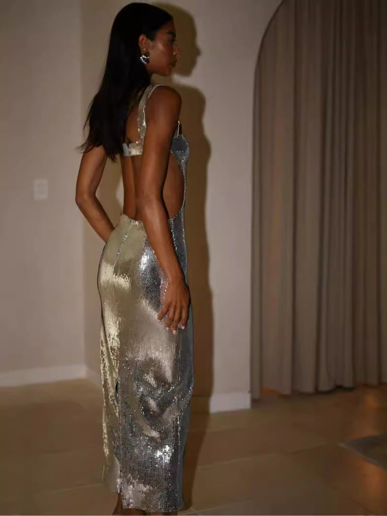 Women Fashion Sexy Sequin Sleeveless Backless Slim Dress