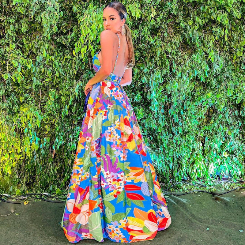Summer Women Vacation Floral Print Large Swing Suspenders Maxi Dress